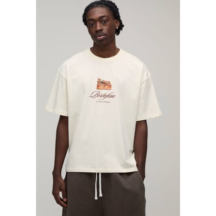 Ecru Oversized Boxy T-shirt Met Portofino Print | Size Large