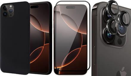 Hoesje geschikt voor iPhone 16 Pro Max - Screenprotector Volledig Dekkend Glas & Camera Protector - Matte Case Zwart met Fluweelzachte Binnenzijde