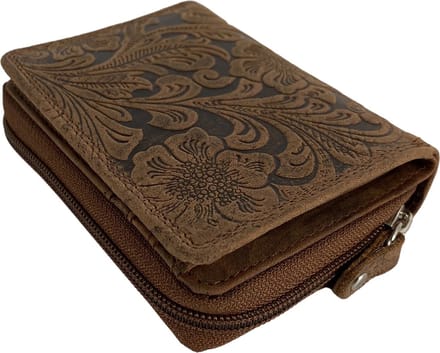 Portemonnee Dames - Buffelleer - Leer - RFID - Bloemenprint - Cognac - Arrigo