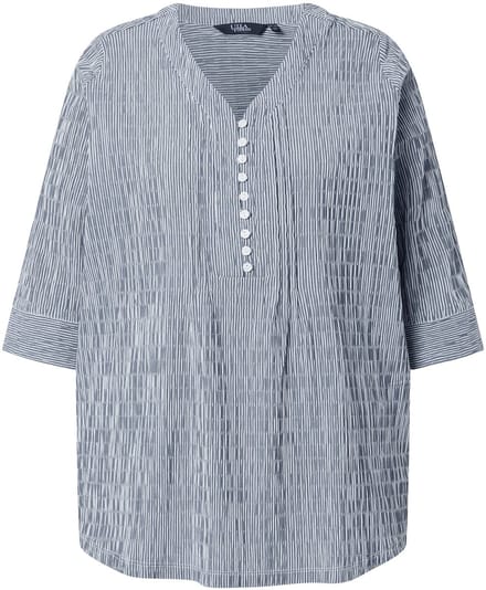 Ulla Popken - Dames - Tuniek strepen biesjes bubble-structuur 3/4-mouwen - Zwart - Maat 46+