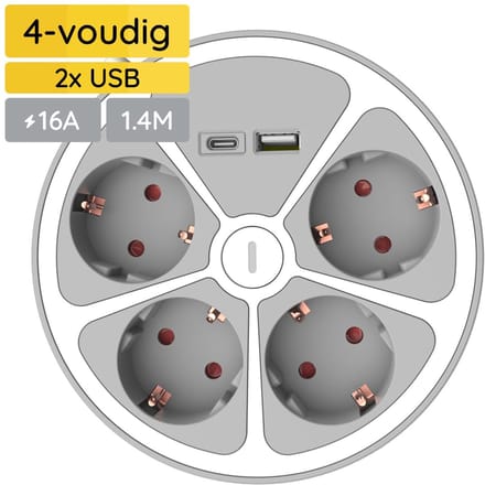 Technik Stekkerdoos met USB 1.4m - Rond - 4-Voudig - USB C - USB A - Wit