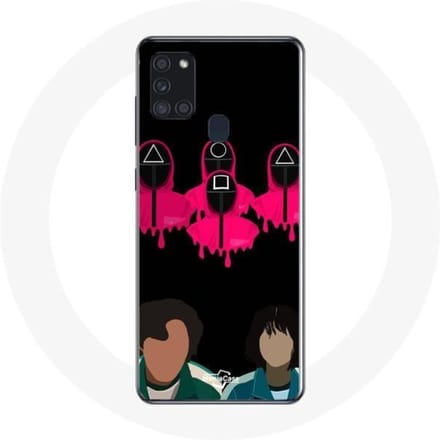 Coque Samsung Galaxy A21S Squid Game Seong Gi hun et Kang Sae Byeok Masques Triangle carré et Cercle