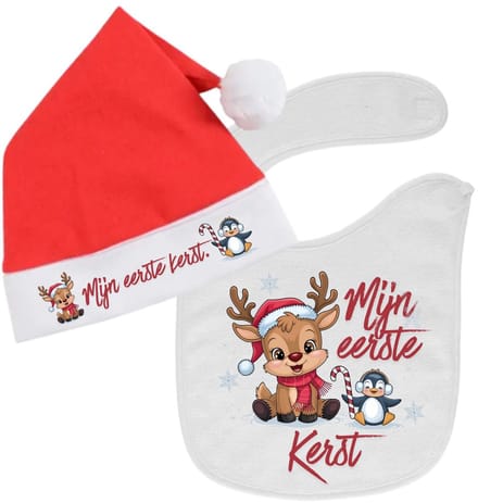 Slabbetje & Kerstmuts – Mijn Eerste Kerst | Babyset | Microfiber/Katoen & Vilt