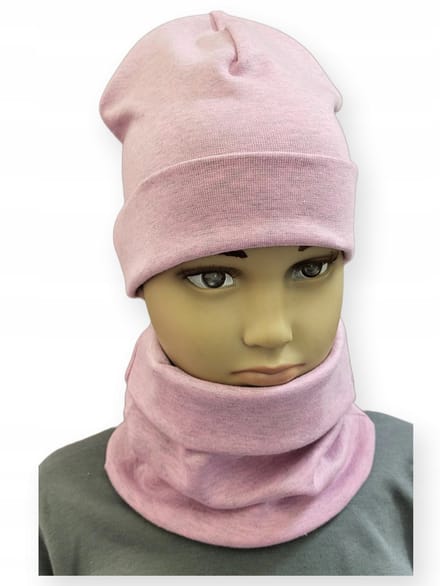 Dartomik - Kinder Set - Dubbele Muts en Sjaal - Roze Melange - Maat 52-56