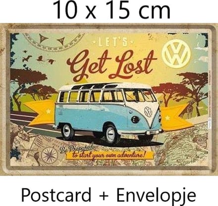 VW Bulli Let's Get Lost Metalen Postcard 10 x 14 cm.