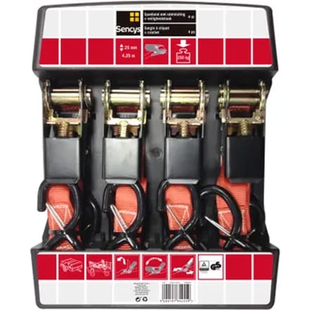 Sencys Ratelsjorband Rood Met Veiligheidshaak - 4,25mx25mm - 250kg - 4 Stuks