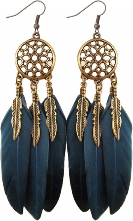 Fako Bijoux® - Oorbellen - Veren - Dromenvanger - Rond - Blauw