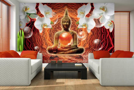 Buddha Zen Flowers Orchids 3D Bubbles Photo Wallcovering