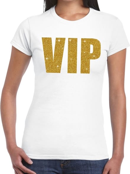 VIP tekst t-shirt - wit - glitter and glamour thema - gouden glitter letters - dames M
