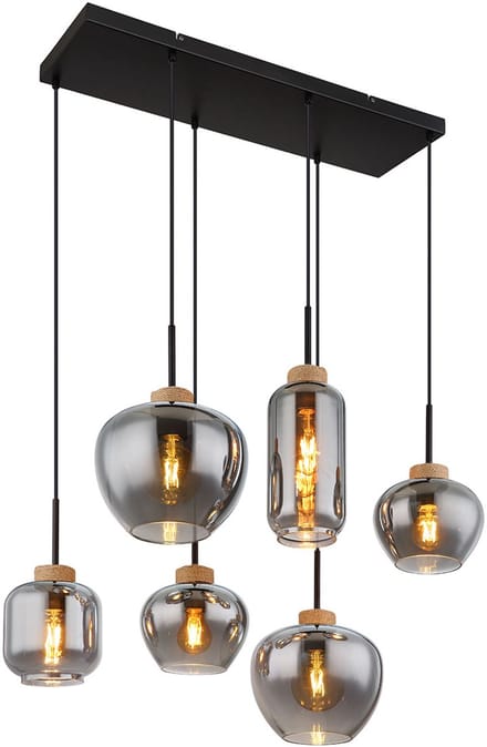 Globo - hanglamp - Matt - zwart - glas smoke glas - grote eettafellamp - E27 - 15549-6H