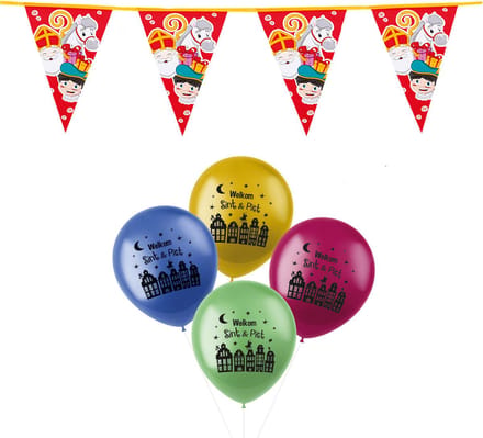 Sinterklaas versiering - 2x Sint/piet vlaggenlijnen van 6 meter en 30x ballonnen