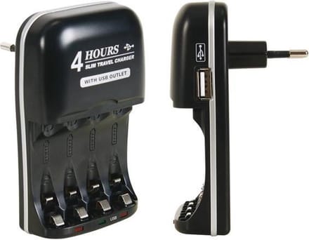 Velleman Snelle oplader, geschikt voor NiMH AA- en AAA-batterijen, met USB-uitgang, microprocessorbesturing, LED-indicator tijdens het opladen