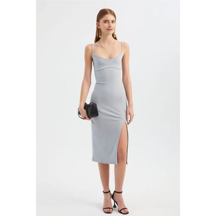 Scoop Neck Spaghetti Strap Midi Bodycon Jurk met een Zijsplit