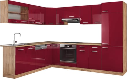 Vicco Hoekkeuken R-Line, Rode hoogglans/Goudkleurig Eiken, 287 x 227 cm, WB Eik