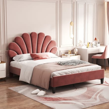 REDOM bedframe 140x200 cm – Fluweel bean paste red – Bloemvormig hoofdbord – 12 latten – 250 kg