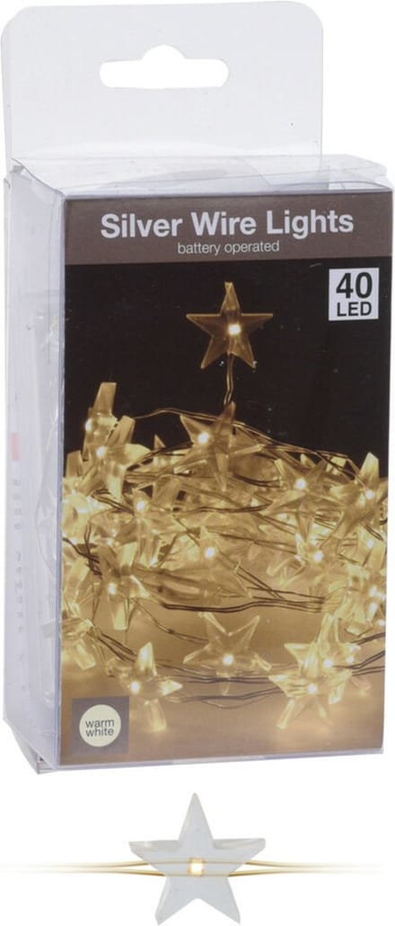 Draadverlichting Sterren 40 lampjes - warm wit - zilverdraad - 195 cm lang
