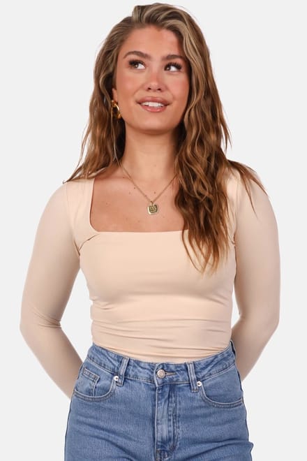Getdrezzed Top - Maat: M - Longsleeve body vierkante hals beige