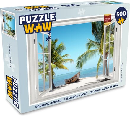 Puzzel Doorkijk - Strand - Palmboom - Boot - Tropisch - Zee - Blauw - Legpuzzel - Puzzel 500 stukjes