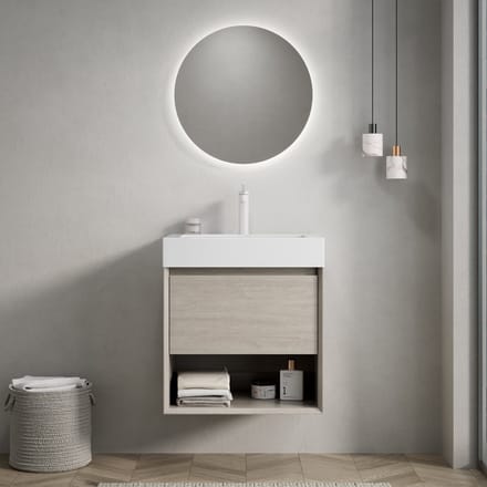 Wishdor - Wandgemonteerd Badkamermeubel - Met Lade En Open Vak - Eigentijds - Resin En Eikenlook - Licht Eiken En Wit