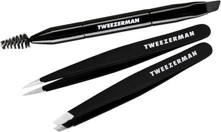 TWEEZERMAN Eyebrow Styling Tweezers Set (3-Piece Picking Set with Brush and Two Tweezers), Black