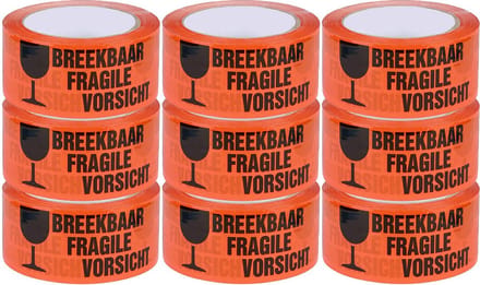Waarschuwingstape - PP Acryl Tape - Breekbaar - 50 mm x 60 meter - 9 stuks