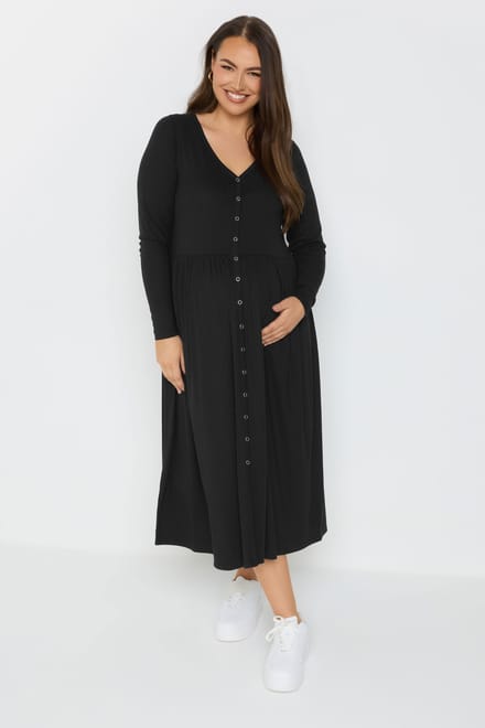 Bump It Up Maternity Geribbelde Premium Midi Jurk Met Knopen In Zwart Size 44