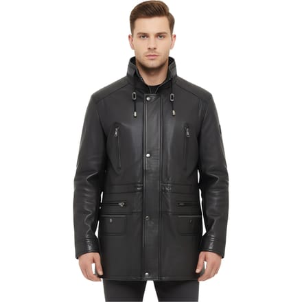 Heren zwarte zachte Italiaanse leren parka jas - Gatton