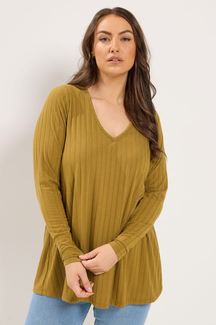 Yours Gele Geribbelde Top Met Lange Mouwen Size 42