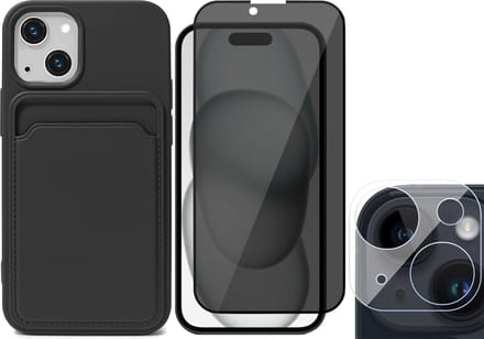 Hoesje Pasjeshouder geschikt voor iPhone 15 - Privacy Screenprotector FullGuard + Camera Lens Screen Protector - Siliconen Case Back Cover Zwart