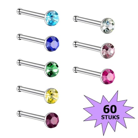 Fako Bijoux® - Neuspiercing - Staafje Kristal - 3.0mm - Gekleurd - 60 Stuks