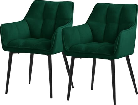 ML-Design eetkamerstoelen set van 2 gemaakt van badstof, donkergroen, keukenstoel met dikke gestoffeerde zitting & metalen poten, woonkamerstoel met rugleuning en armleuningen, gestoffeerde stoel