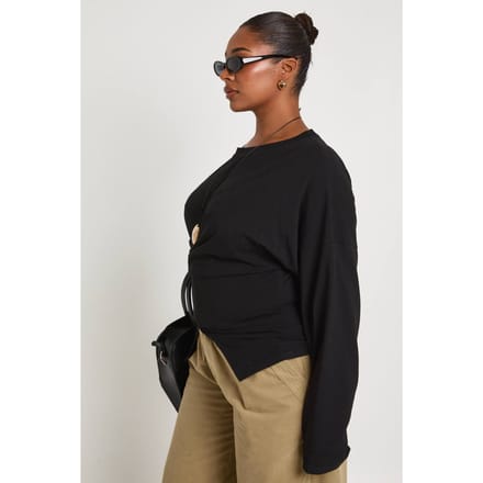 boohoo Dames Plus Wrap Gerimpelde Top met Lange Mouwen | Zwart | Maat: 48