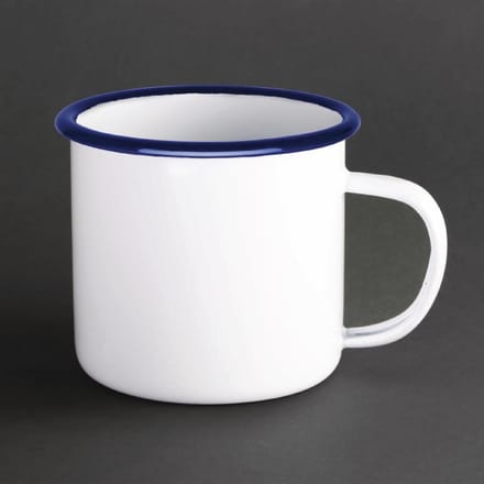 Olympia Emaille Mok 35cl - Wit/Blauw - Emaille mokken ( Set van 6 )