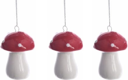 Decoris Kerstboomversiering paddenstoelen 4 cm - 4x stuks - rood/wit - aardewerk - polyester - zilverkleurig lusje