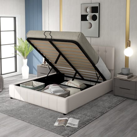 MODFU Gestoffeerd bed 140x200 met hydraulische opbergruimte, verstelbaar hoofdeinde, fluweel cremewit