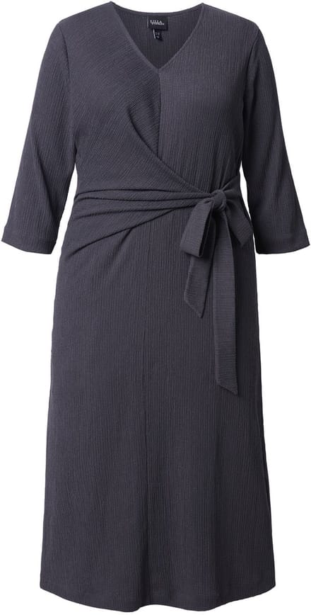 Ulla Popken - Dames - Midi wikkeljurk V-hals strikceintuur 3/4-mouw - Middengrijs melange - Maat 50+