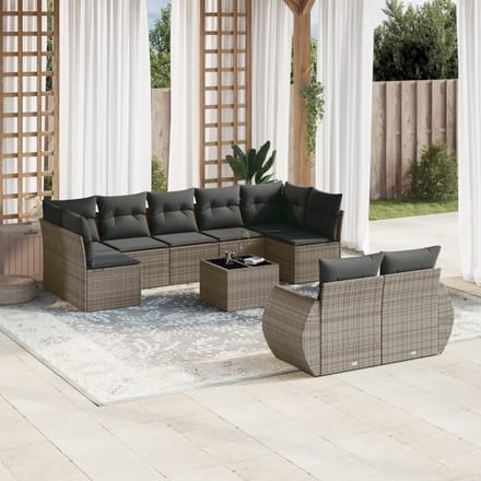 vidaXL - 10-delige - Loungeset - met - kussens - poly - rattan - grijs