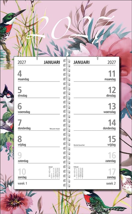 MGPcards - Omlegweekkalender 2027 - Week begint op maandag - 21 x 34 cm - Vogel & Bloem - Roze