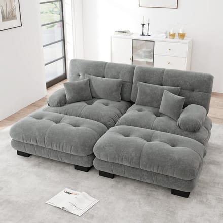 MODFU Modulaire Bank Met Verplaatsbare Ottomans - Brede Armleuningen - Vintage Ontwerp - Woonkamer - Chenille - Grijs