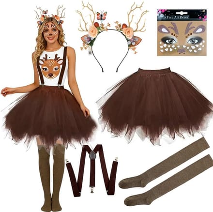 Dames Rendier Kostuum met Elastische Hoofdband, Gegraveerde Tatoeage en Tutu voor Kerst, Halloween en Carnaval