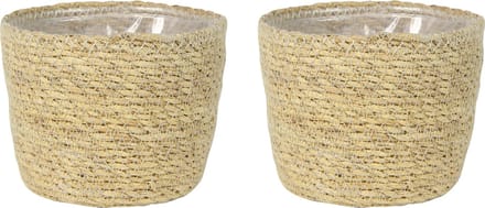 Ter Steege Plantenmand - Set van 2x stuks - zeegras - rotan - beige - 15 x 12 cm - plastic binnenkant