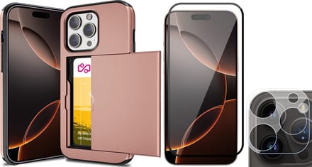 Hoesje met Pasjeshouder geschikt voor iPhone 16 Pro Max - Screenprotector FullGuard & Camera Lens Screen Protector - Back Cover SlideCase Roségoud