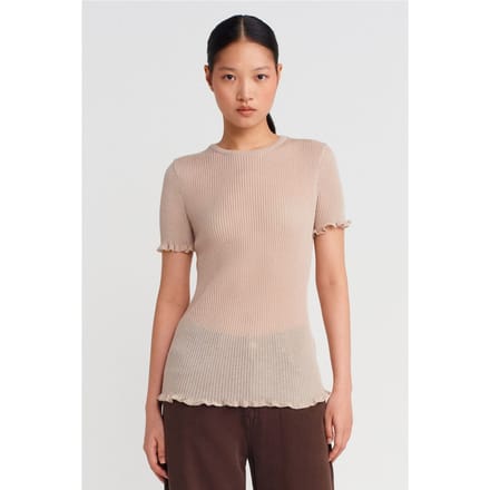 Slim Fit Geribbelde Volant Blouse