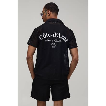 Geborduurd Gehaakte French Riviera Regular Shirt & Relaxed Short Set | Black | Size Medium