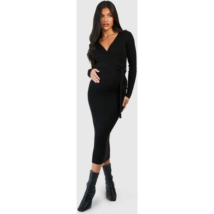 boohoo Dames Maternity Knitted Wrap Midi Dress | Zwart | Maat: 44