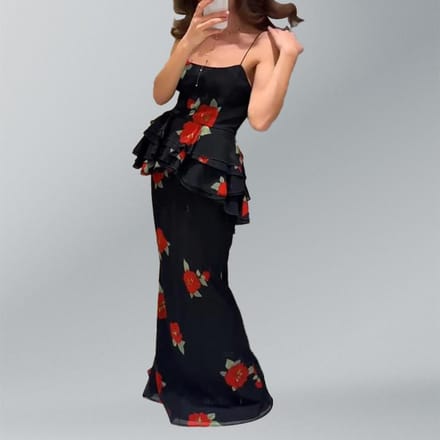 Nieuwe Stijl Nieuw Groot Rozenpatroon Eendelig Ruches Eén Schouder Off-shoulder Jurk 3XL
