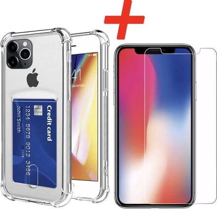 Pasjeshouder geschikt voor Apple iPhone 13 Pro Max - Siliconen - met Glazen Screenprotector