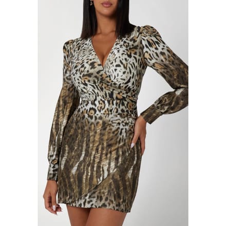 GUESS  Eco Marion Fix Wrap Dres Wavy Leopard Print Taglia: M | Abiti Mini Outlet | Donna