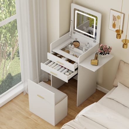 Puluomis - Kaptafel - LED Spiegel - Nachtkast - Krukje – Compacte Make-up Tafel – Wit – 133 x 50 x45 cm