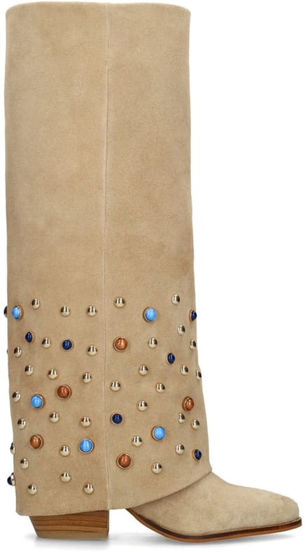Sacha - Dames - Beige suède laarzen met flap en studs - Maat 36
